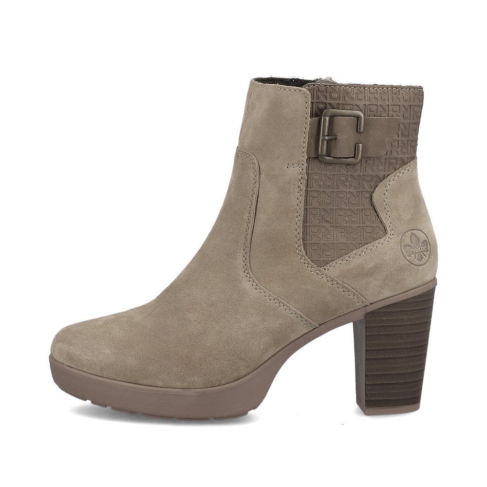 Brown beige Rieker women´s ankle boots Y2252-64 with profile sole with block heel. The outside of the shoe