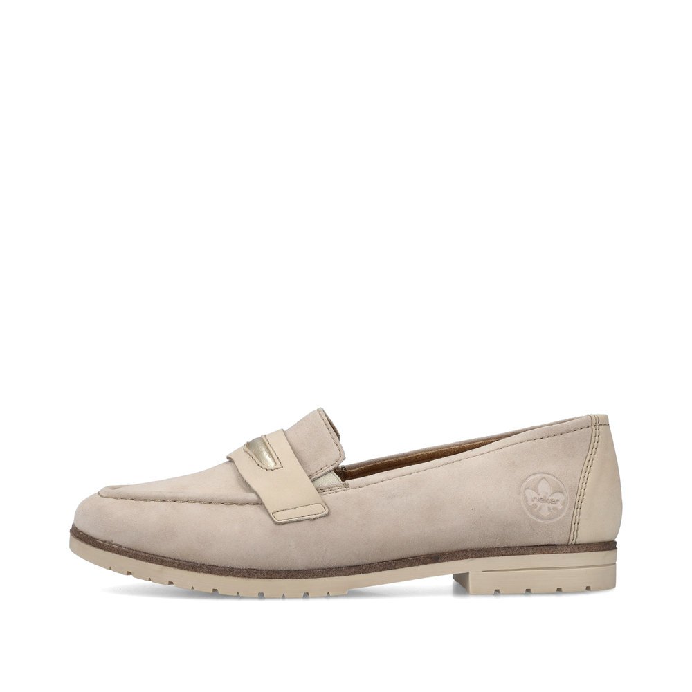 Beige Rieker women´s loafers 45301-60 with elastic insert as well as slim fit E 1/2. Outside of the shoe.