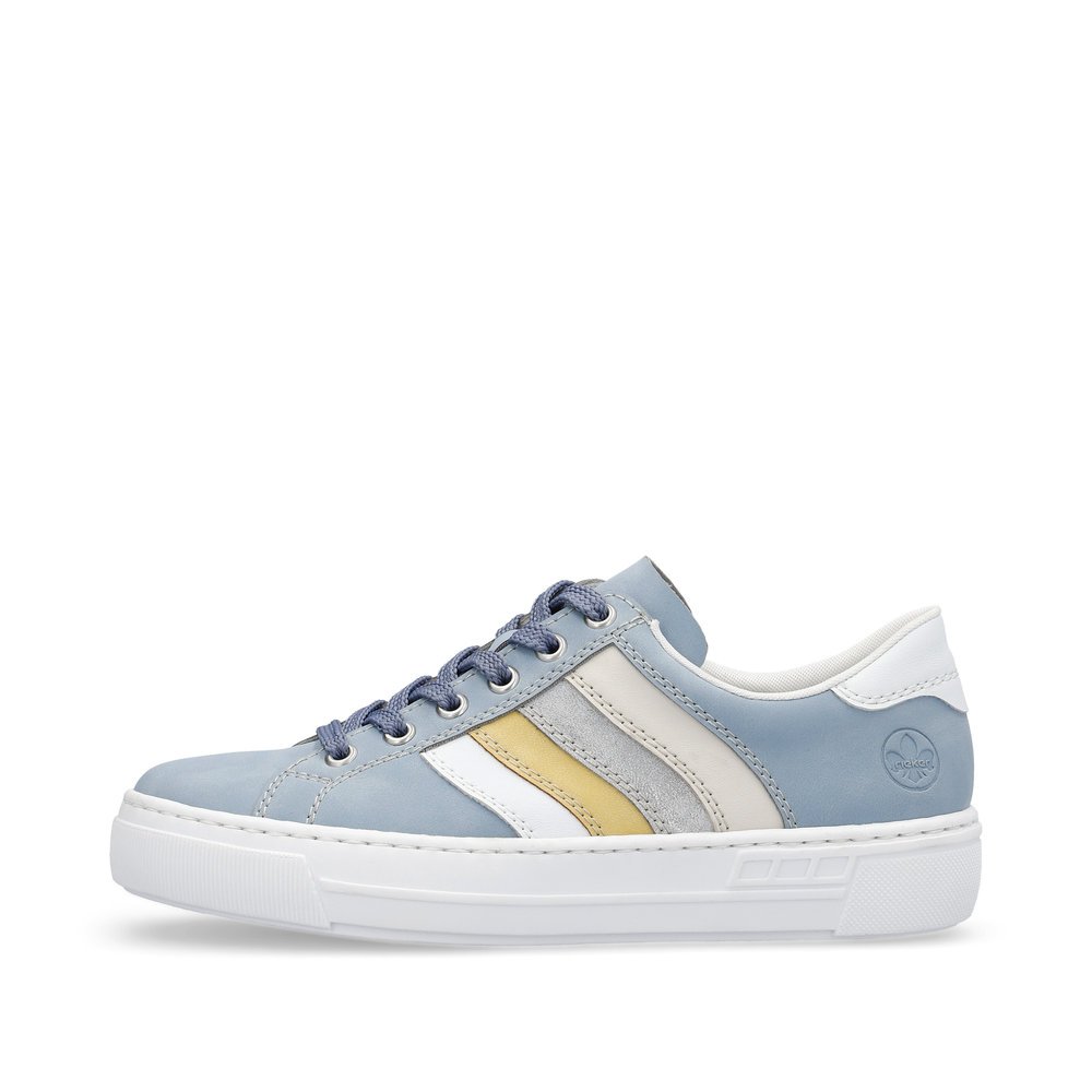 Blue Rieker women´s low-top sneakers L8802-10 with lacing as well as stripe pattern. Outside of the shoe.