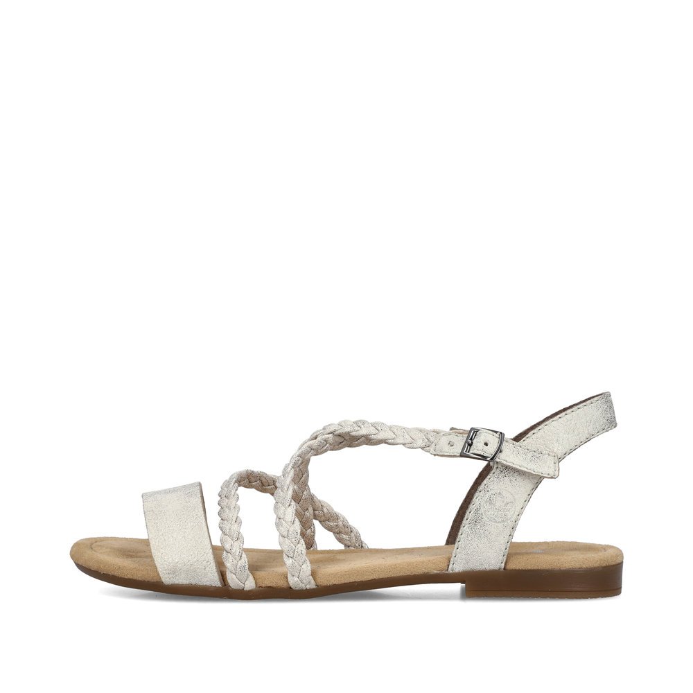 Beige Rieker women´s strap sandals 65264-60 with buckle as well as a grippy sole. Outside of the shoe.